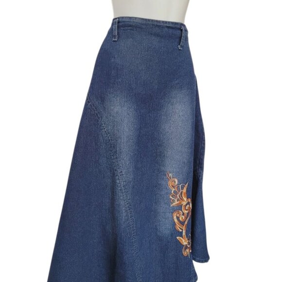 VTG Y2K Denim Maxi Jean Skirt 12 Boho Grunge 2000s Embroidered Western Prairie - Picture 6 of 16